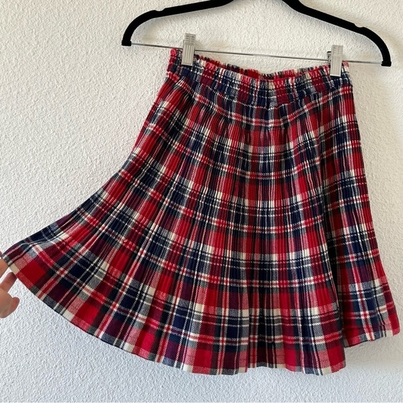 Women’s Plaid Flannel Pleated Skirt Small a-line Elastic Red Blue Cream Academia - Picture 1 of 7